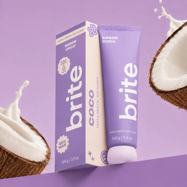Pasta dental Brite sabor Coco: estuche y tubo. Empaque de referencia.