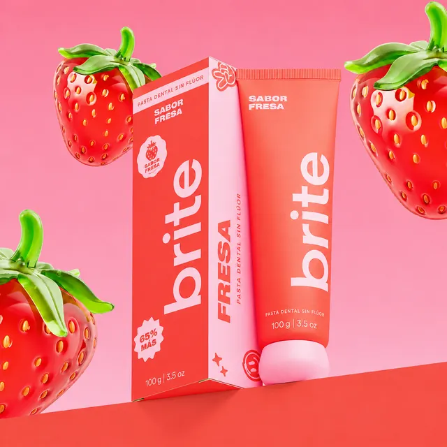 Pasta dental Brite sabor Fresa: estuche y tubo. Empaque de referencia.