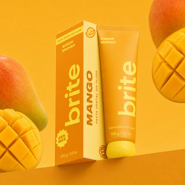 Pasta dental Brite sabor Mango: estuche y tubo. Empaque de referencia.