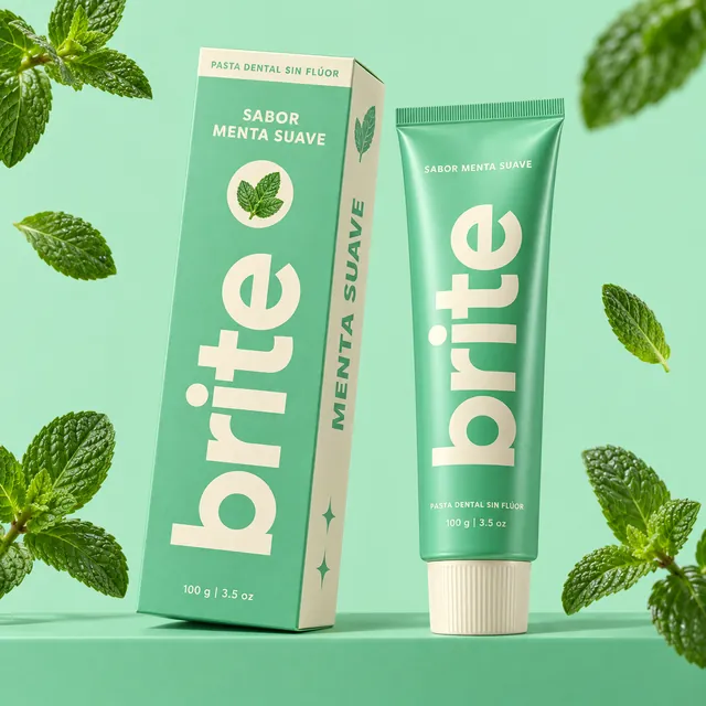 Pasta dental Brite sabor Menta Suave: estuche y tubo. Empaque de referencia.